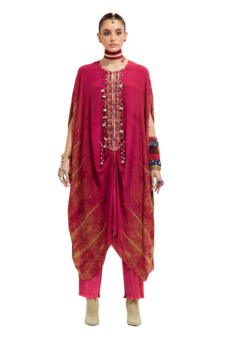 Aseem Kapoor Pink Crepe Embroidery Round Neck Ritu Placket Kaftan With Trouser 