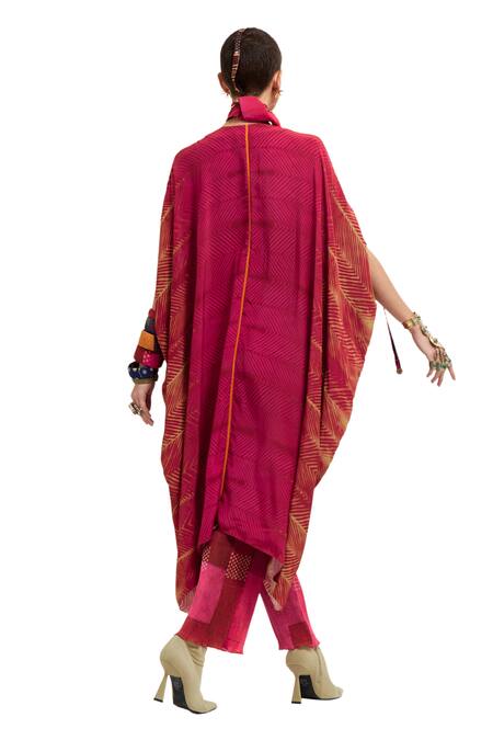 Shop Aseem Kapoor Pink Crepe Embroidery Round Neck Ritu Placket Kaftan With Trouser at Aza Fashions Shop_Aseem Kapoor_Pink Crepe Embroidery Round Neck Ritu Placket Kaftan With Trouser _at_Aza_Fashions