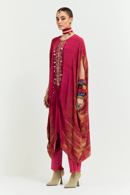 Aseem Kapoor Pink Crepe Embroidery Round Neck Ritu Placket Kaftan With Trouser Online at Aza Fashions Aseem Kapoor_Pink Crepe Embroidery Round Neck Ritu Placket Kaftan With Trouser _Online_at_Aza_Fashions