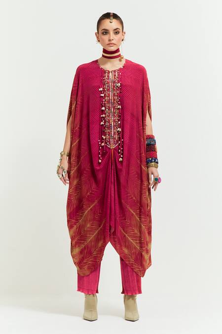 Buy Aseem Kapoor Pink Crepe Embroidery Round Neck Ritu Placket Kaftan With Trouser Online at Aza Fashions Buy_Aseem Kapoor_Pink Crepe Embroidery Round Neck Ritu Placket Kaftan With Trouser _Online_at_Aza_Fashions