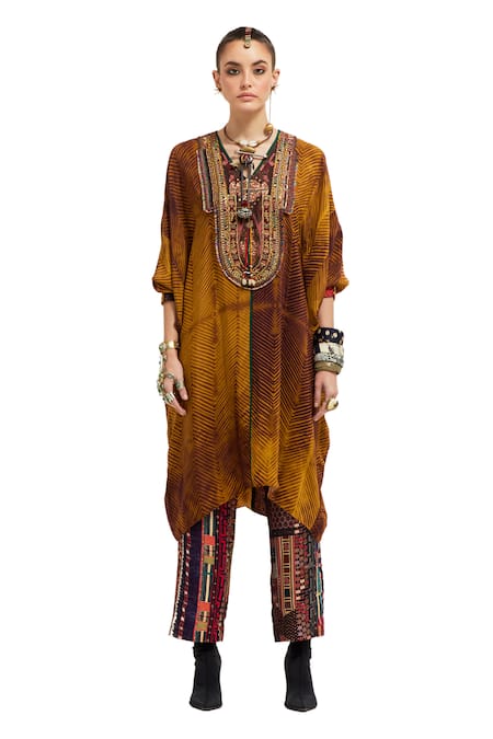 Aseem Kapoor Yellow Silk, Satin Beads, Tassels Tribal Embroidered Yoke Tunic With Trouser Online at Aza Fashions Aseem Kapoor_Yellow Silk, Satin Beads, Tassels Tribal Embroidered Yoke Tunic With Trouser _Online_at_Aza_Fashions