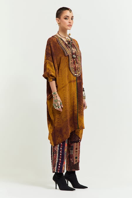 Shop Aseem Kapoor Yellow Silk, Satin Beads, Tassels Tribal Embroidered Yoke Tunic With Trouser Online at Aza Fashions Shop_Aseem Kapoor_Yellow Silk, Satin Beads, Tassels Tribal Embroidered Yoke Tunic With Trouser _Online_at_Aza_Fashions