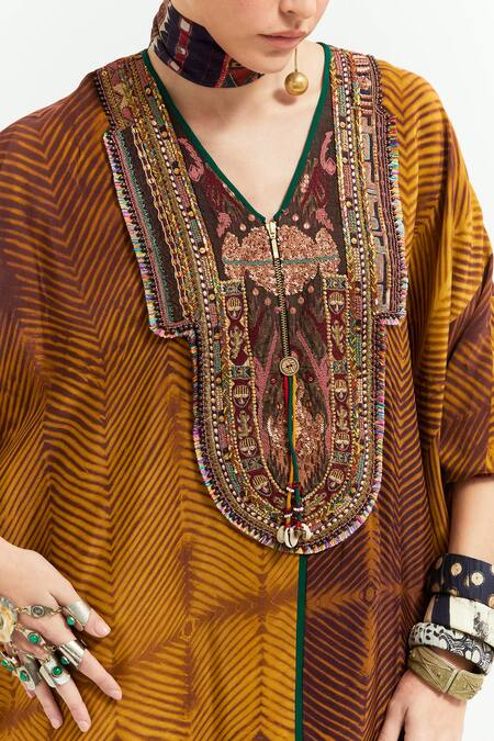 Shop Aseem Kapoor Yellow Silk, Satin Beads, Tassels Tribal Embroidered Yoke Tunic With Trouser Shop_Aseem Kapoor_Yellow Silk, Satin Beads, Tassels Tribal Embroidered Yoke Tunic With Trouser