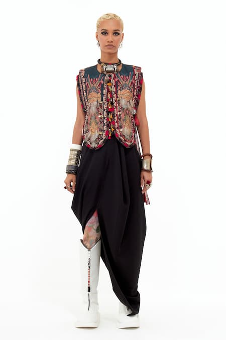 Shop Aseem Kapoor Multi Color Silk, Satin Round Neck Tribal Embroidered Gilet at Aza Fashions Shop_Aseem Kapoor_Multi Color Silk, Satin Round Neck Tribal Embroidered Gilet _at_Aza_Fashions