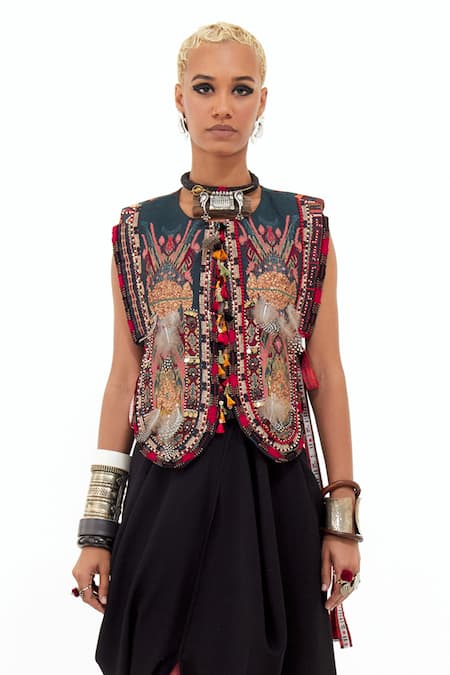Aseem Kapoor Multi Color Silk, Satin Round Neck Tribal Embroidered Gilet Online at Aza Fashions Aseem Kapoor_Multi Color Silk, Satin Round Neck Tribal Embroidered Gilet _Online_at_Aza_Fashions