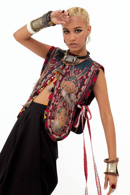 Aseem Kapoor Multi Color Silk, Satin Round Neck Tribal Embroidered Gilet at Aza Fashions Aseem Kapoor_Multi Color Silk, Satin Round Neck Tribal Embroidered Gilet _at_Aza_Fashions