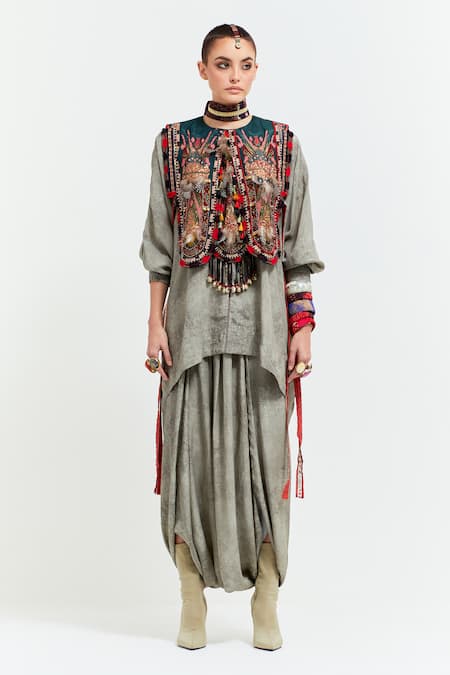 Shop Aseem Kapoor Multi Color Silk, Zuri Tribal Resham Thread Embroidered Gilet Draped Trouser Set at Aza Fashions Shop_Aseem Kapoor_Multi Color Silk, Zuri Tribal Resham Thread Embroidered Gilet Draped Trouser Set _at_Aza_Fashions