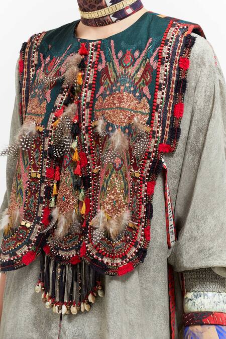 Aseem Kapoor Multi Color Silk, Zuri Tribal Resham Thread Embroidered Gilet Draped Trouser Set Online at Aza Fashions Aseem Kapoor_Multi Color Silk, Zuri Tribal Resham Thread Embroidered Gilet Draped Trouser Set _Online_at_Aza_Fashions