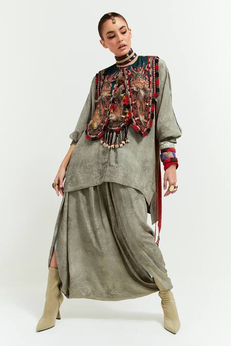 Buy Aseem Kapoor Multi Color Silk, Zuri Tribal Resham Thread Embroidered Gilet Draped Trouser Set Online at Aza Fashions Buy_Aseem Kapoor_Multi Color Silk, Zuri Tribal Resham Thread Embroidered Gilet Draped Trouser Set _Online_at_Aza_Fashions