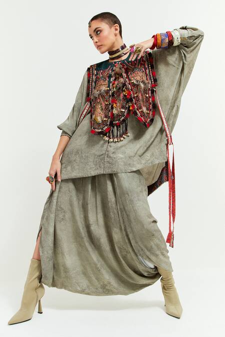 Shop Aseem Kapoor Multi Color Silk, Zuri Tribal Resham Thread Embroidered Gilet Draped Trouser Set Online at Aza Fashions Shop_Aseem Kapoor_Multi Color Silk, Zuri Tribal Resham Thread Embroidered Gilet Draped Trouser Set _Online_at_Aza_Fashions