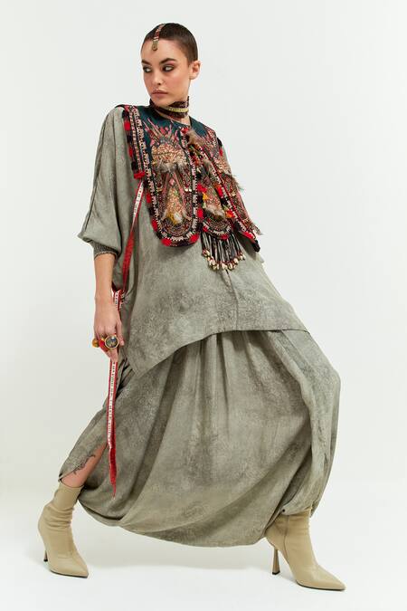 Aseem Kapoor Multi Color Silk, Zuri Tribal Resham Thread Embroidered Gilet Draped Trouser Set at Aza Fashions Aseem Kapoor_Multi Color Silk, Zuri Tribal Resham Thread Embroidered Gilet Draped Trouser Set _at_Aza_Fashions