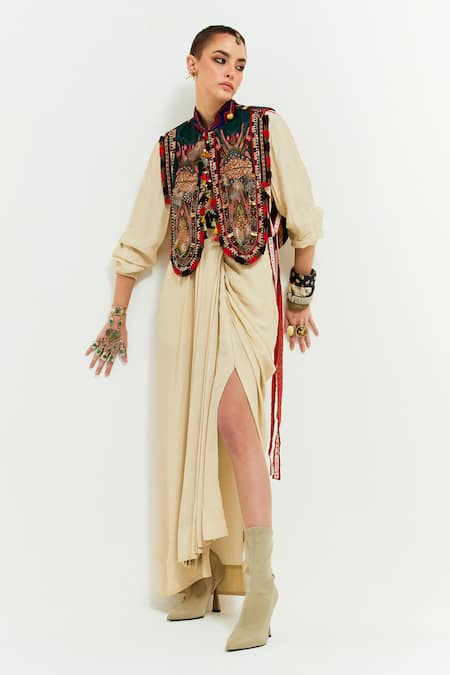 Aseem Kapoor Beige Gilet Silk Embroidery Zuri Resham Thread Draped Skirt Set  