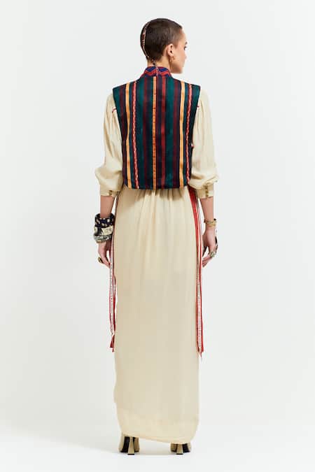 Shop Aseem Kapoor Beige Silk, Crepe, Zuri Tribal Resham Thread Embroidered Gilet Draped Skirt Set at Aza Fashions Shop_Aseem Kapoor_Beige Silk, Crepe, Zuri Tribal Resham Thread Embroidered Gilet Draped Skirt Set _at_Aza_Fashions