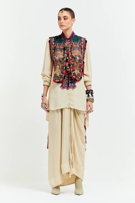 Aseem Kapoor Beige Silk, Crepe, Zuri Tribal Resham Thread Embroidered Gilet Draped Skirt Set Online at Aza Fashions Aseem Kapoor_Beige Silk, Crepe, Zuri Tribal Resham Thread Embroidered Gilet Draped Skirt Set _Online_at_Aza_Fashions