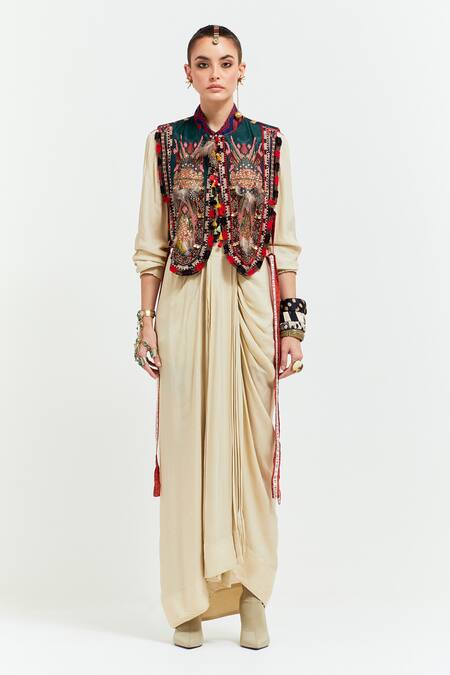 Buy Aseem Kapoor Beige Silk, Crepe, Zuri Tribal Resham Thread Embroidered Gilet Draped Skirt Set Online at Aza Fashions Buy_Aseem Kapoor_Beige Silk, Crepe, Zuri Tribal Resham Thread Embroidered Gilet Draped Skirt Set _Online_at_Aza_Fashions