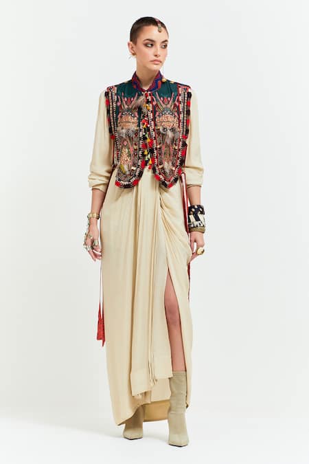 Shop Aseem Kapoor Beige Silk, Crepe, Zuri Tribal Resham Thread Embroidered Gilet Draped Skirt Set Online at Aza Fashions Shop_Aseem Kapoor_Beige Silk, Crepe, Zuri Tribal Resham Thread Embroidered Gilet Draped Skirt Set _Online_at_Aza_Fashions