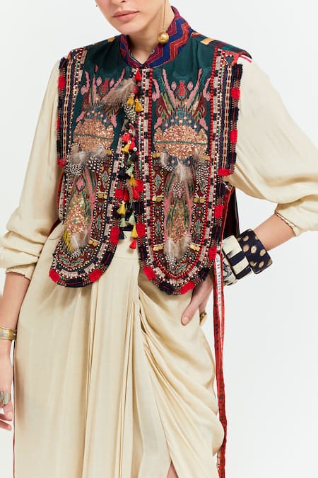 Aseem Kapoor Beige Silk, Crepe, Zuri Tribal Resham Thread Embroidered Gilet Draped Skirt Set at Aza Fashions Aseem Kapoor_Beige Silk, Crepe, Zuri Tribal Resham Thread Embroidered Gilet Draped Skirt Set _at_Aza_Fashions