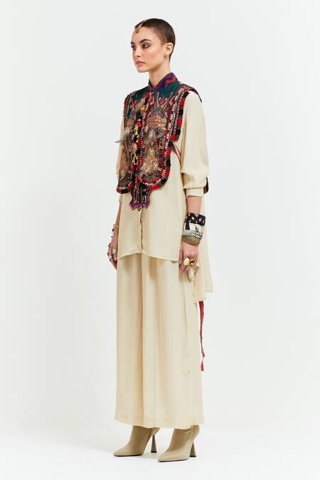 Shop Aseem Kapoor Beige , Zuri Boho Resham Thread Embroidered Gilet Flared Trouser Set Online at Aza Fashions Shop_Aseem Kapoor_Beige , Zuri Boho Resham Thread Embroidered Gilet Flared Trouser Set _Online_at_Aza_Fashions