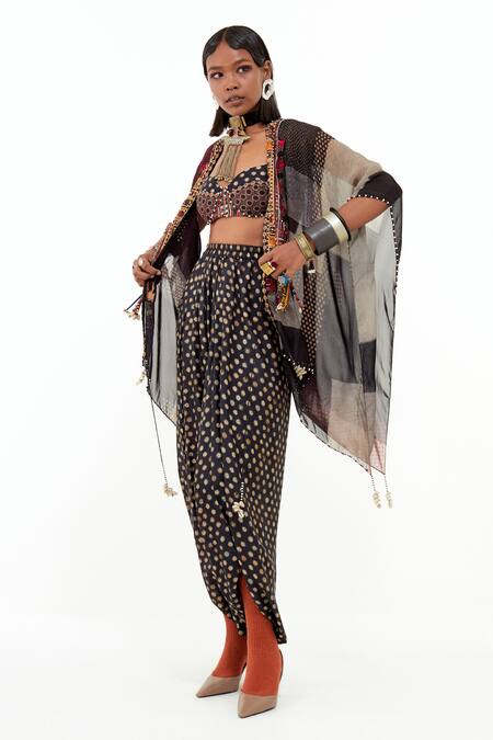 Shop Aseem Kapoor Multi Color Cotton, Silk, Gami Boho Print Sheer Envelope Jacket Draped Skirt Set Online at Aza Fashions Shop_Aseem Kapoor_Multi Color Cotton, Silk, Gami Boho Print Sheer Envelope Jacket Draped Skirt Set _Online_at_Aza_Fashions
