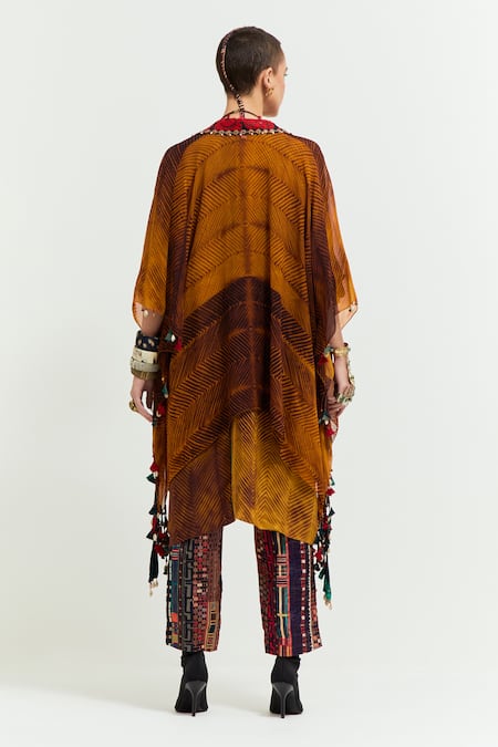 Shop Aseem Kapoor Yellow Silk, Cotton, Satin Tassels, Beads, Veni Shibori Print Jacket Trouser Set at Aza Fashions Shop_Aseem Kapoor_Yellow Silk, Cotton, Satin Tassels, Beads, Veni Shibori Print Jacket Trouser Set _at_Aza_Fashions