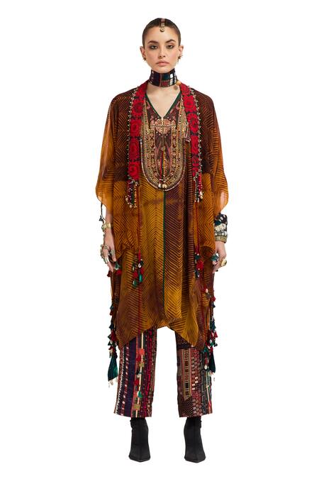 Aseem Kapoor Yellow Silk, Cotton, Satin Tassels, Beads, Veni Shibori Print Jacket Trouser Set at Aza Fashions Aseem Kapoor_Yellow Silk, Cotton, Satin Tassels, Beads, Veni Shibori Print Jacket Trouser Set _at_Aza_Fashions