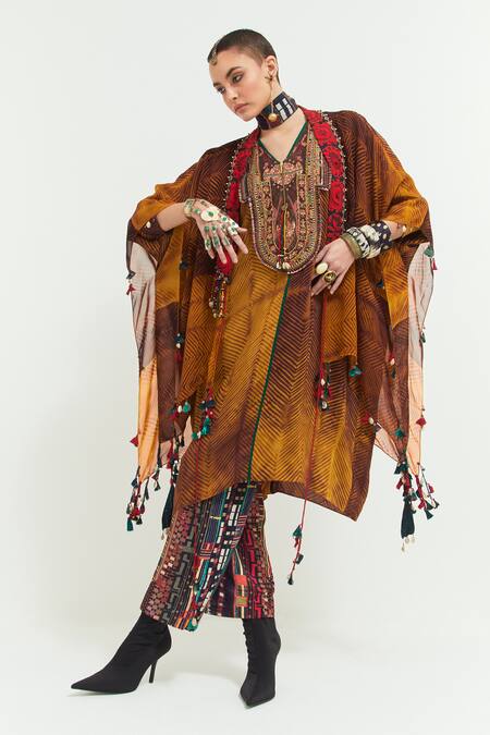 Shop Aseem Kapoor Yellow Silk, Cotton, Satin Tassels, Beads, Veni Shibori Print Jacket Trouser Set Shop_Aseem Kapoor_Yellow Silk, Cotton, Satin Tassels, Beads, Veni Shibori Print Jacket Trouser Set