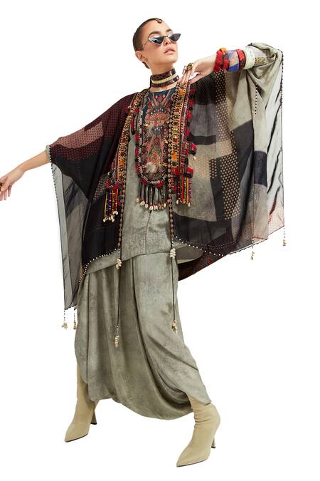 Aseem Kapoor Grey Silk Mirrors, Veni Bandhej Boho Print Embellished Jacket Draped Trouser Set Online at Aza Fashions Aseem Kapoor_Grey Silk Mirrors, Veni Bandhej Boho Print Embellished Jacket Draped Trouser Set _Online_at_Aza_Fashions