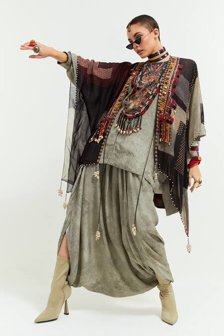 Buy Aseem Kapoor Grey Silk Mirrors, Veni Bandhej Boho Print Embellished Jacket Draped Trouser Set Online at Aza Fashions Buy_Aseem Kapoor_Grey Silk Mirrors, Veni Bandhej Boho Print Embellished Jacket Draped Trouser Set _Online_at_Aza_Fashions