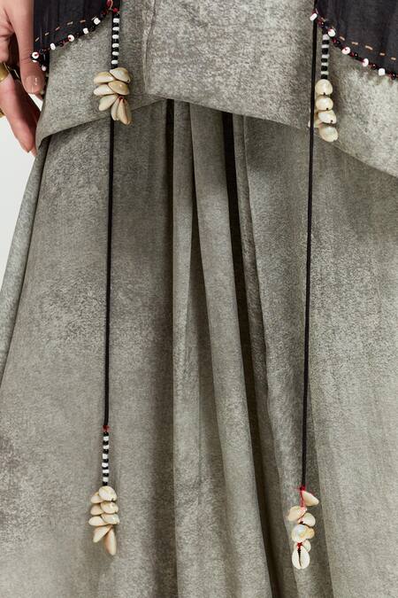 Shop Aseem Kapoor Grey Silk Mirrors, Veni Bandhej Boho Print Embellished Jacket Draped Trouser Set Online at Aza Fashions Shop_Aseem Kapoor_Grey Silk Mirrors, Veni Bandhej Boho Print Embellished Jacket Draped Trouser Set _Online_at_Aza_Fashions