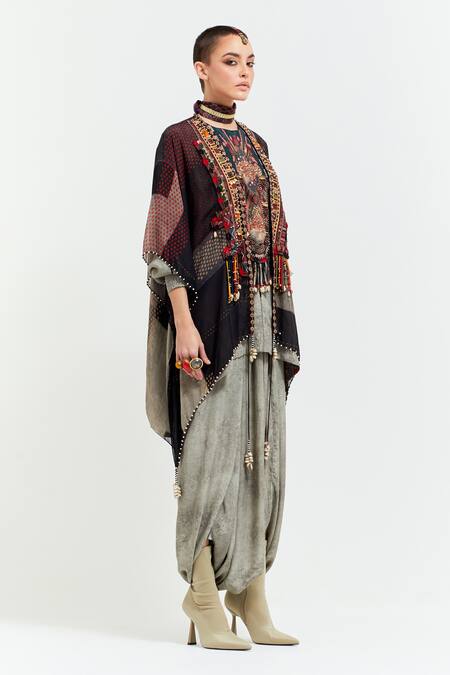Aseem Kapoor Grey Silk Mirrors, Veni Bandhej Boho Print Embellished Jacket Draped Trouser Set at Aza Fashions Aseem Kapoor_Grey Silk Mirrors, Veni Bandhej Boho Print Embellished Jacket Draped Trouser Set _at_Aza_Fashions