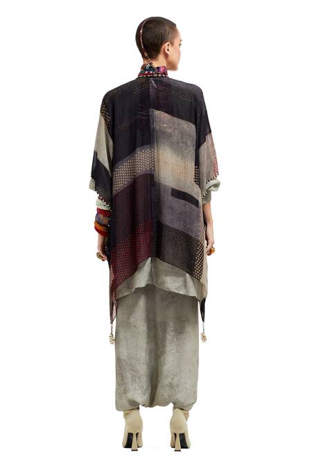 Buy Aseem Kapoor Grey Silk Mirrors, Veni Bandhej Boho Print Embellished Jacket Draped Trouser Set Buy_Aseem Kapoor_Grey Silk Mirrors, Veni Bandhej Boho Print Embellished Jacket Draped Trouser Set