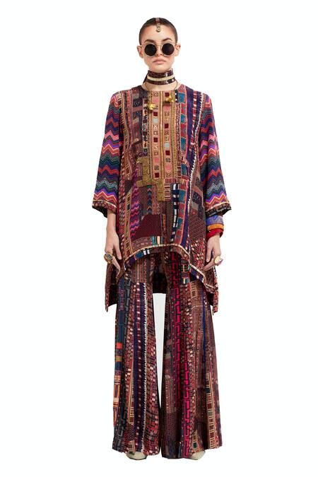 Shop Aseem Kapoor Multi Color Crepe, Silk Beads, Mitra Aztec Chevron Print Kurti Sharara Set Online at Aza Fashions Shop_Aseem Kapoor_Multi Color Crepe, Silk Beads, Mitra Aztec Chevron Print Kurti Sharara Set _Online_at_Aza_Fashions