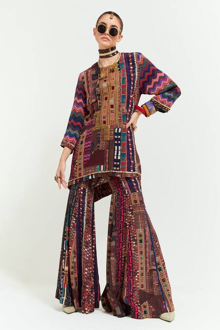 Aseem Kapoor Multi Color Crepe, Silk Beads, Mitra Aztec Chevron Print Kurti Sharara Set at Aza Fashions Aseem Kapoor_Multi Color Crepe, Silk Beads, Mitra Aztec Chevron Print Kurti Sharara Set _at_Aza_Fashions