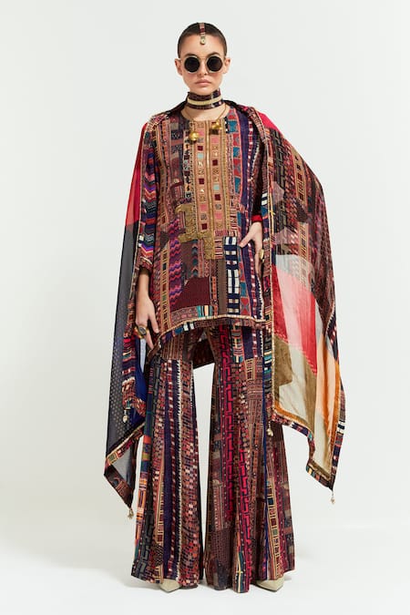 Buy Aseem Kapoor Multi Color Crepe, Silk Beads, Mitra Aztec Chevron Print Kurti Sharara Set Buy_Aseem Kapoor_Multi Color Crepe, Silk Beads, Mitra Aztec Chevron Print Kurti Sharara Set