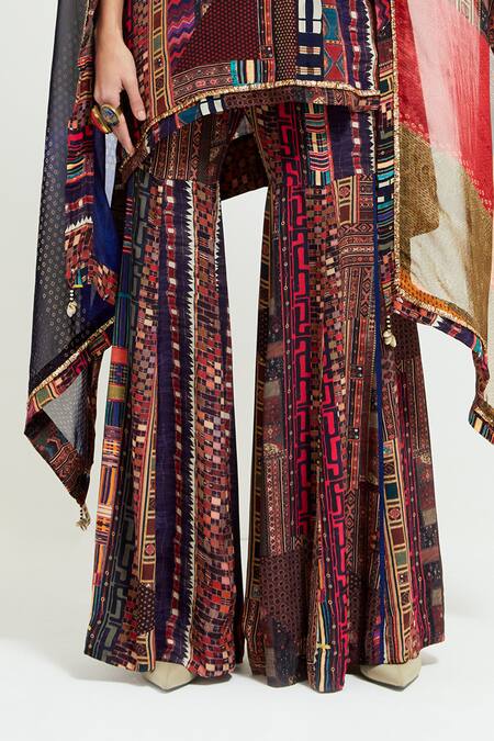 Shop Aseem Kapoor Multi Color Crepe, Silk Beads, Mitra Aztec Chevron Print Kurti Sharara Set Shop_Aseem Kapoor_Multi Color Crepe, Silk Beads, Mitra Aztec Chevron Print Kurti Sharara Set