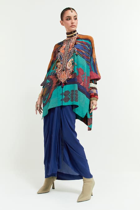Aseem Kapoor Multi Color Silk, Kuru Sequin Paisley Yoke Trapeze Kurta With Draped Skirt 