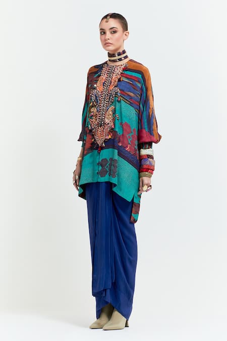 Shop Aseem Kapoor Multi Color Silk, Kuru Sequin Paisley Yoke Trapeze Kurta With Draped Skirt at Aza Fashions Shop_Aseem Kapoor_Multi Color Silk, Kuru Sequin Paisley Yoke Trapeze Kurta With Draped Skirt _at_Aza_Fashions