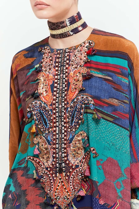 Aseem Kapoor Multi Color Silk, Kuru Sequin Paisley Yoke Trapeze Kurta With Draped Skirt Online at Aza Fashions Aseem Kapoor_Multi Color Silk, Kuru Sequin Paisley Yoke Trapeze Kurta With Draped Skirt _Online_at_Aza_Fashions