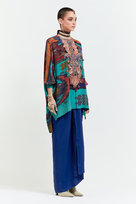Buy Aseem Kapoor Multi Color Silk, Kuru Sequin Paisley Yoke Trapeze Kurta With Draped Skirt Online at Aza Fashions Buy_Aseem Kapoor_Multi Color Silk, Kuru Sequin Paisley Yoke Trapeze Kurta With Draped Skirt _Online_at_Aza_Fashions