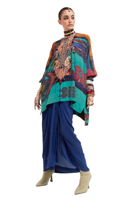 Shop Aseem Kapoor Multi Color Silk, Kuru Sequin Paisley Yoke Trapeze Kurta With Draped Skirt Shop_Aseem Kapoor_Multi Color Silk, Kuru Sequin Paisley Yoke Trapeze Kurta With Draped Skirt
