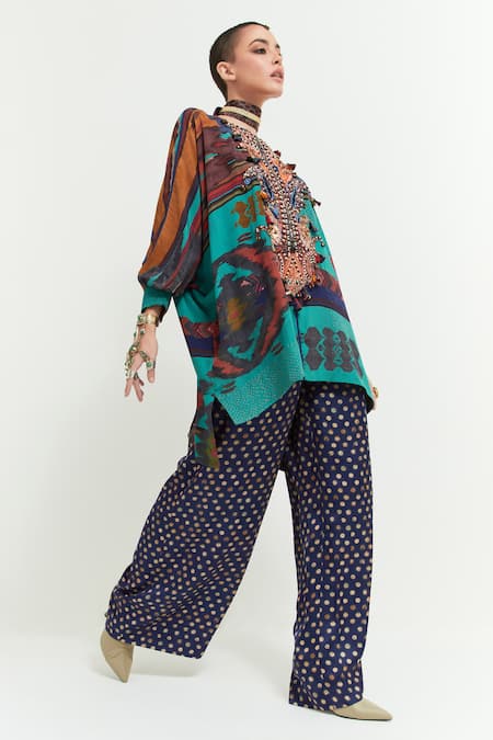 Shop Aseem Kapoor Multi Kuru Sequin Paisley Embroidered Yoke Trapeze Kurta With Flared Trouser Shop_Aseem Kapoor_Multi Kuru Sequin Paisley Embroidered Yoke Trapeze Kurta With Flared Trouser