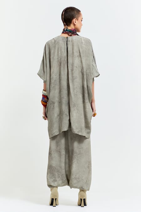Shop Aseem Kapoor Grey Satin Beads, Tassels, Kuru Yoke Trapeze Kurta With Draped Trouser at Aza Fashions Shop_Aseem Kapoor_Grey Satin Beads, Tassels, Kuru Yoke Trapeze Kurta With Draped Trouser _at_Aza_Fashions