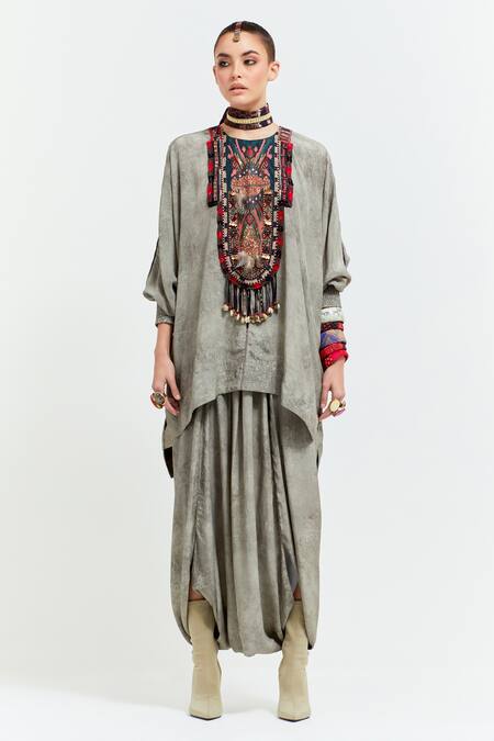 Buy Aseem Kapoor Grey Satin Beads, Tassels, Kuru Yoke Trapeze Kurta With Draped Trouser Online at Aza Fashions Buy_Aseem Kapoor_Grey Satin Beads, Tassels, Kuru Yoke Trapeze Kurta With Draped Trouser _Online_at_Aza_Fashions