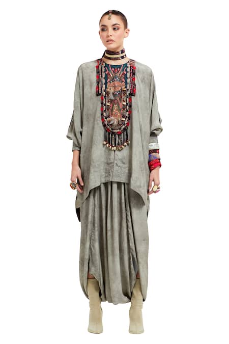 Aseem Kapoor Grey Satin Beads, Tassels, Kuru Yoke Trapeze Kurta With Draped Trouser at Aza Fashions Aseem Kapoor_Grey Satin Beads, Tassels, Kuru Yoke Trapeze Kurta With Draped Trouser _at_Aza_Fashions