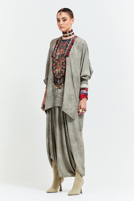 Buy Aseem Kapoor Grey Satin Beads, Tassels, Kuru Yoke Trapeze Kurta With Draped Trouser Buy_Aseem Kapoor_Grey Satin Beads, Tassels, Kuru Yoke Trapeze Kurta With Draped Trouser