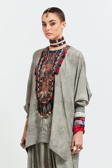Shop Aseem Kapoor Grey Satin Beads, Tassels, Kuru Yoke Trapeze Kurta With Draped Trouser Shop_Aseem Kapoor_Grey Satin Beads, Tassels, Kuru Yoke Trapeze Kurta With Draped Trouser