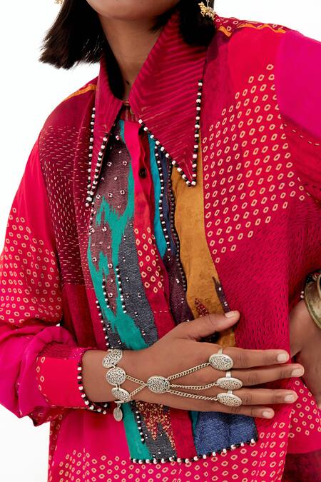 Aseem Kapoor Pink Crepe Beads Collared Atri Collage Print Embellished Shirt Online at Aza Fashions Aseem Kapoor_Pink Crepe Beads Collared Atri Collage Print Embellished Shirt _Online_at_Aza_Fashions