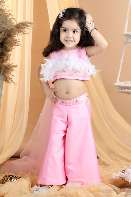The Little Celebs_Pink Silk, Crepe Beads, Stones Hand Embroidered Crop Top And Palazzo Set _Online_at_Aza_Fashions