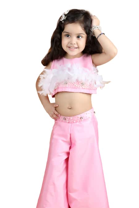 The Little Celebs_Pink Silk, Crepe Beads, Stones Hand Embroidered Crop Top And Palazzo Set _at_Aza_Fashions