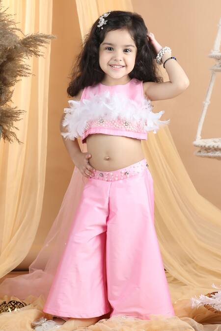 Buy_The Little Celebs_Pink Silk, Crepe Beads, Stones Hand Embroidered Crop Top And Palazzo Set 